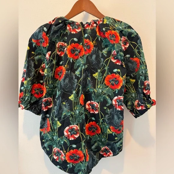 Black Red Poppy Floral Blouse Puff Sleeve Romantic Top Size 6 - Picture 3 of 9